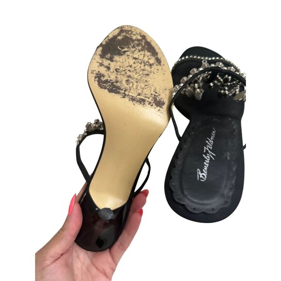 BEVERLY FELDMAN Rhinestone Black Satin Jeweled Sandals Heels Size 9 - Picture 9 of 12